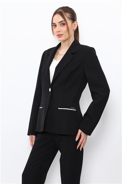 Erkek Yaka Konbinli Tek Düğme Ceket-Siyah