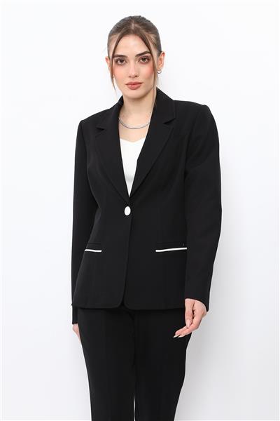 Erkek Yaka Konbinli Tek Düğme Ceket-Siyah