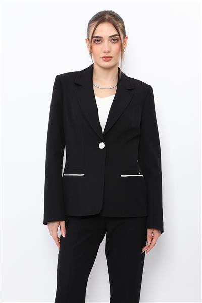 Erkek Yaka Konbinli Tek Düğme Ceket-Siyah