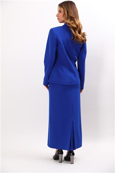 Erkek Yaka Konbinli Tek Düğme Ceket & Uzun Düz Dar Etek-Saks