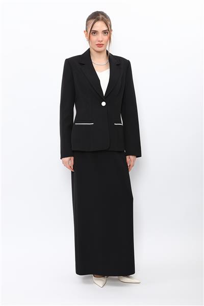 Erkek Yaka Konbinli Tek Düğme Ceket & Uzun Düz Dar Etek-Siyah
