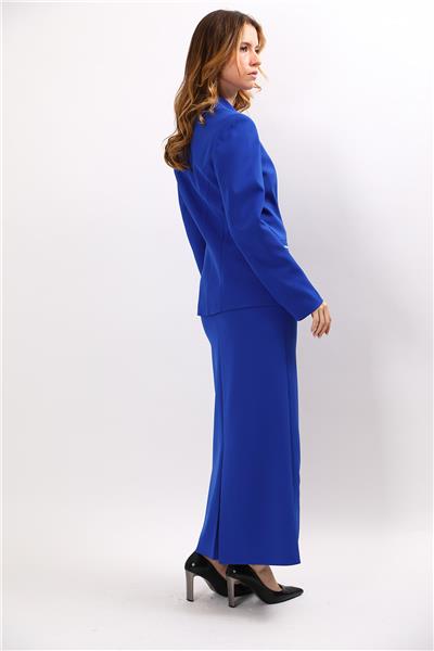 Erkek Yaka Konbinli Tek Düğme Ceket & Uzun Düz Dar Etek-Saks