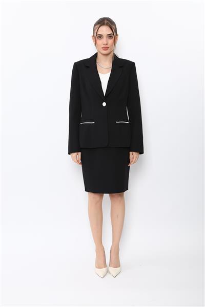 Erkek Yaka Konbinli Tek Düğme Ceket & Yırtmaçlı Düz Dar Etek-Siyah
