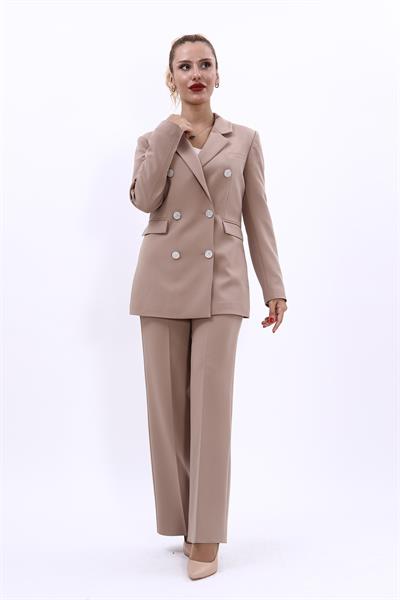 Erkek Yaka Kruvaze Blazer Ceket & Bol Paça Pantolon Kadın Takım Elbise -Taş