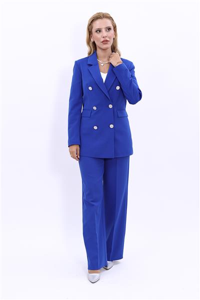 Erkek Yaka Kruvaze Blazer Ceket & Bol Paça Pantolon Kadın Takım Elbise -Saks