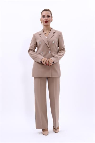 Erkek Yaka Kruvaze Blazer Ceket & Bol Paça Pantolon Kadın Takım Elbise -Taş