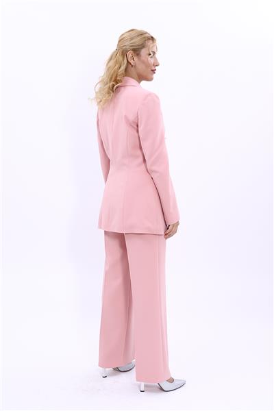 Erkek Yaka Kruvaze Blazer Ceket & Bol Paça Pantolon Kadın Takım Elbise -Pudra