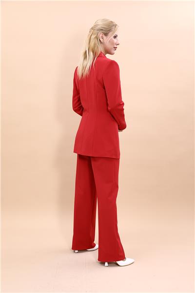 Erkek Yaka Kruvaze Blazer Ceket & Bol Paça Pantolon Kadın Takım Elbise -Kırmızı