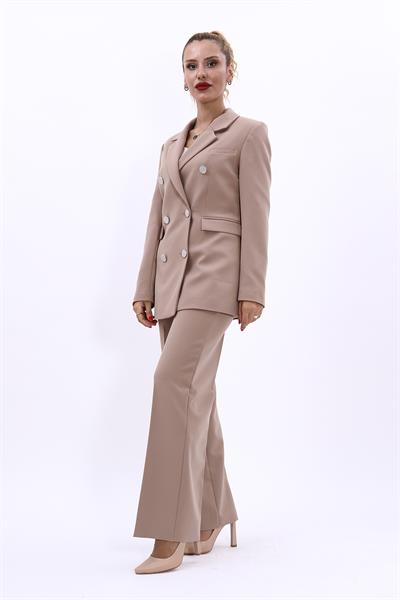 Erkek Yaka Kruvaze Blazer Ceket & Bol Paça Pantolon Kadın Takım Elbise -Taş