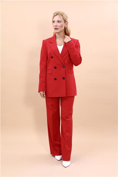 Erkek Yaka Kruvaze Blazer Ceket & Bol Paça Pantolon Kadın Takım Elbise -Kırmızı
