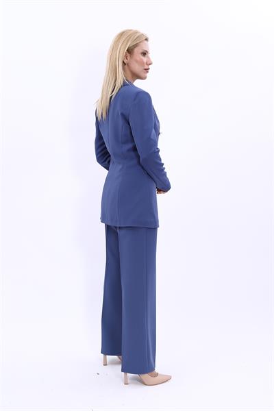 Erkek Yaka Kruvaze Blazer Ceket & Bol Paça Pantolon Kadın Takım Elbise -İndigo