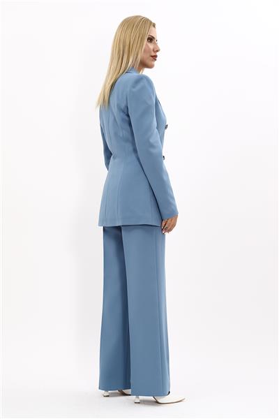 Erkek Yaka Kruvaze Blazer Ceket & Bol Paça Pantolon Kadın Takım Elbise -Deniz