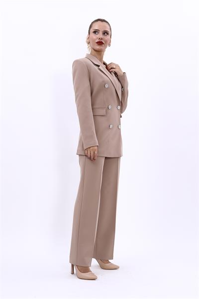 Erkek Yaka Kruvaze Blazer Ceket & Bol Paça Pantolon Kadın Takım Elbise -Taş