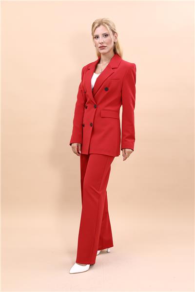 Erkek Yaka Kruvaze Blazer Ceket & Bol Paça Pantolon Kadın Takım Elbise -Kırmızı