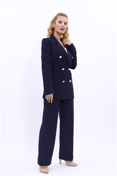 Erkek Yaka Kruvaze Blazer Ceket & Bol Paça Pantolon Kadın Takım Elbise -Lacivert