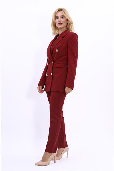 Erkek Yaka Kruvaze Blazer Ceket & Dar Paça Pantolon Kadın Takım Elbise-Bordo