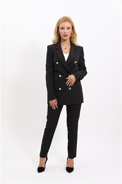 Erkek Yaka Kruvaze Blazer Ceket & Dar Paça Pantolon Kadın Takım Elbise-Siyah