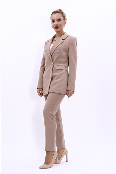 Erkek Yaka Kruvaze Blazer Ceket & Dar Paça Pantolon Kadın Takım Elbise-Taş
