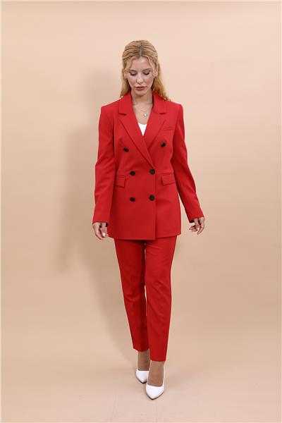 Erkek Yaka Kruvaze Blazer Ceket & Dar Paça Pantolon Kadın Takım Elbise-Kırmızı
