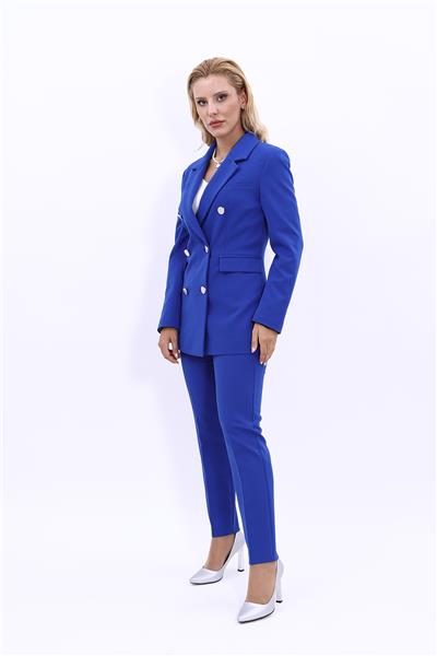Erkek Yaka Kruvaze Blazer Ceket & Dar Paça Pantolon Kadın Takım Elbise-Saks