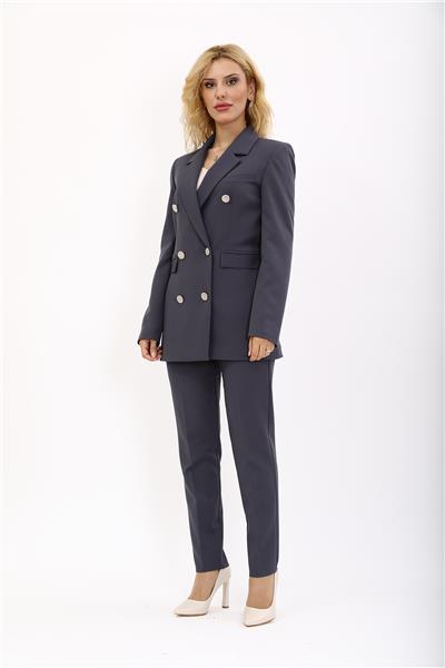 Erkek Yaka Kruvaze Blazer Ceket & Dar Paça Pantolon Kadın Takım Elbise-Füme