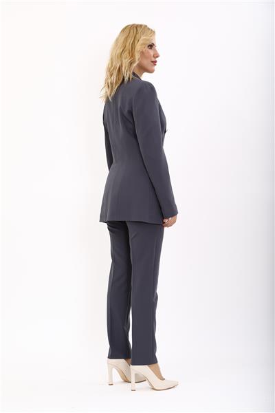 Erkek Yaka Kruvaze Blazer Ceket & Dar Paça Pantolon Kadın Takım Elbise-Füme