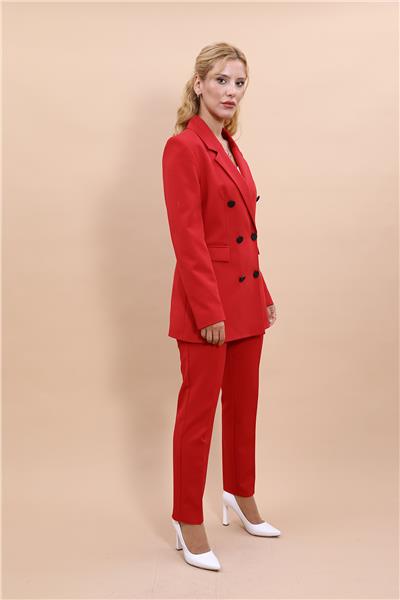Erkek Yaka Kruvaze Blazer Ceket & Dar Paça Pantolon Kadın Takım Elbise-Kırmızı
