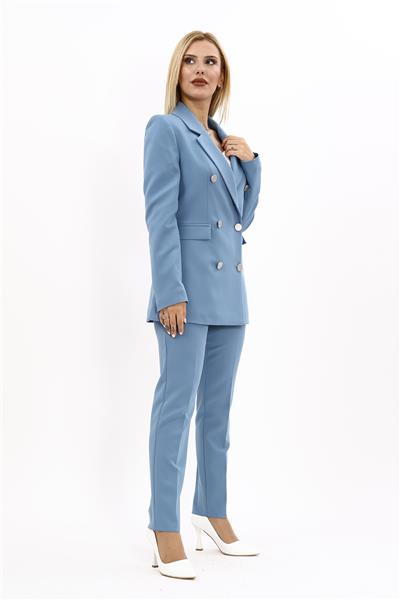 Erkek Yaka Kruvaze Blazer Ceket & Dar Paça Pantolon Kadın Takım Elbise-Deniz