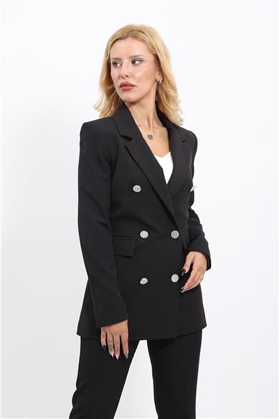 Erkek Yaka Kruvaze Blazer Ceket & Dar Paça Pantolon Kadın Takım Elbise-Siyah