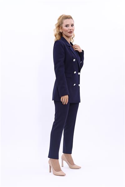 Erkek Yaka Kruvaze Blazer Ceket & Dar Paça Pantolon Kadın Takım Elbise-Lacivert