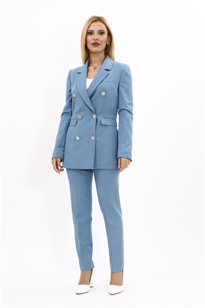 Erkek Yaka Kruvaze Blazer Ceket & Dar Paça Pantolon Kadın Takım Elbise-Deniz