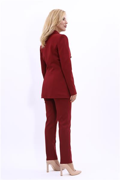 Erkek Yaka Kruvaze Blazer Ceket & Dar Paça Pantolon Kadın Takım Elbise-Bordo