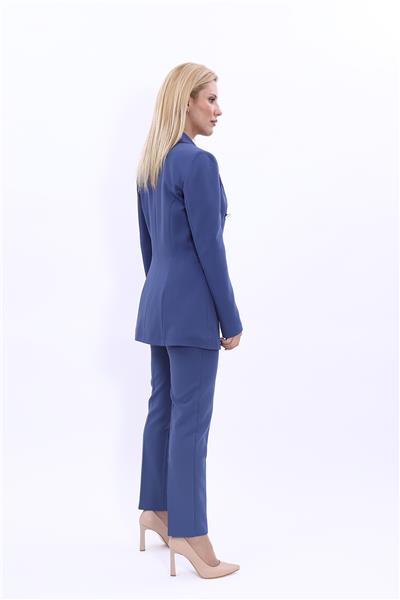 Erkek Yaka Kruvaze Blazer Ceket & Dar Paça Pantolon Kadın Takım Elbise-İndigo