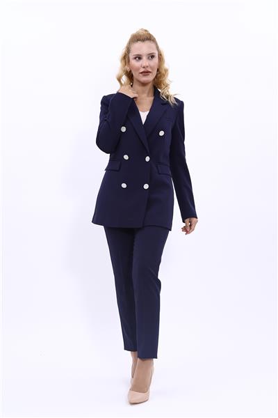 Erkek Yaka Kruvaze Blazer Ceket & Dar Paça Pantolon Kadın Takım Elbise-Lacivert