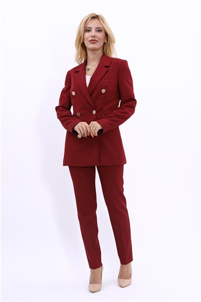 Erkek Yaka Kruvaze Blazer Ceket & Dar Paça Pantolon Kadın Takım Elbise-Bordo