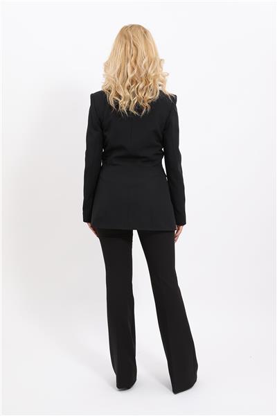 Erkek Yaka Kruvaze Blazer Ceket & İspanyol Paça Pantolon Kadın Takım Elbise -Siyah