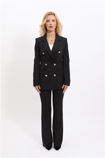 Erkek Yaka Kruvaze Blazer Ceket & İspanyol Paça Pantolon Kadın Takım Elbise -Siyah