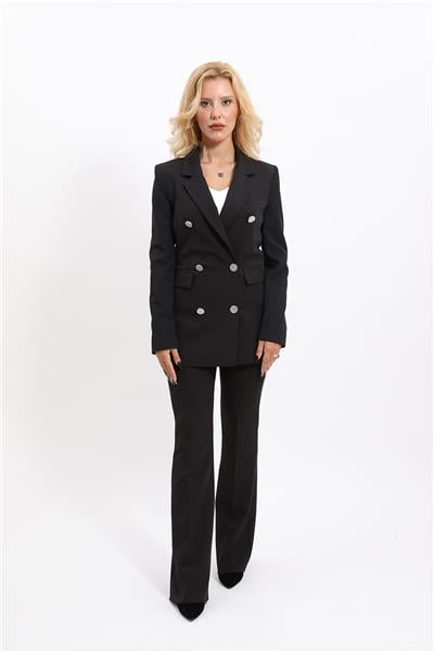 Erkek Yaka Kruvaze Blazer Ceket & İspanyol Paça Pantolon Kadın Takım Elbise -Siyah