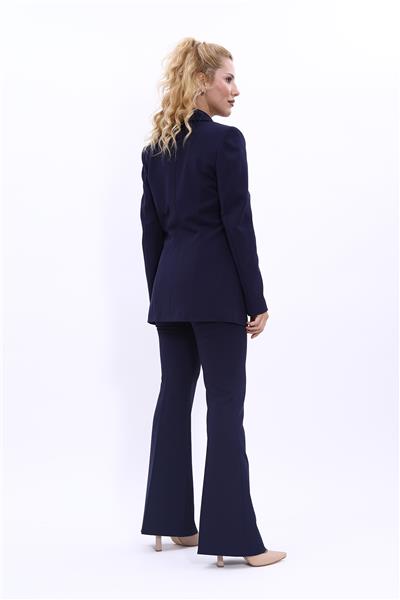 Erkek Yaka Kruvaze Blazer Ceket & İspanyol Paça Pantolon Kadın Takım Elbise -Lacivert