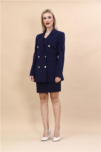 Erkek Yaka Kruvaze Blazer Ceket & Mini Yırtmaçlı Kısa dar Etek kadın Takım Elbise-Lacivert