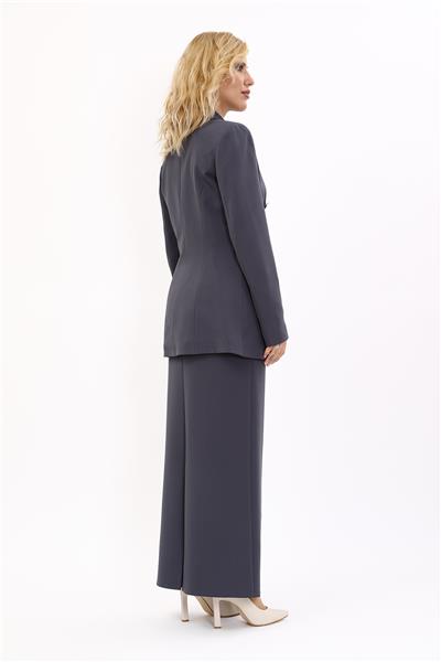 Erkek Yaka Kruvaze Blazer Ceket & Uzun Kalem Etek Kadın Takım Elbise-Füme