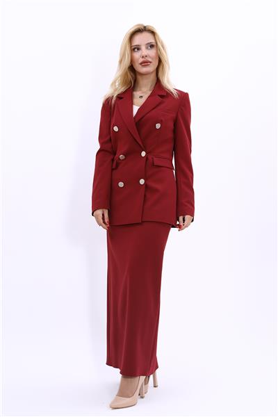 Erkek Yaka Kruvaze Blazer Ceket & Uzun Kalem Etek Kadın Takım Elbise-Bordo