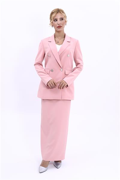 Erkek Yaka Kruvaze Blazer Ceket & Uzun Kalem Etek Kadın Takım Elbise-Pudra
