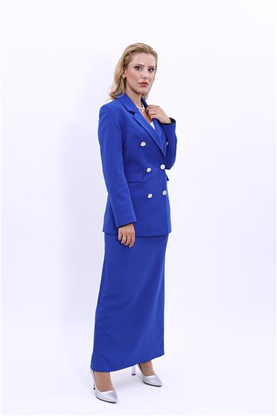 Erkek Yaka Kruvaze Blazer Ceket & Uzun Kalem Etek Kadın Takım Elbise-Saks
