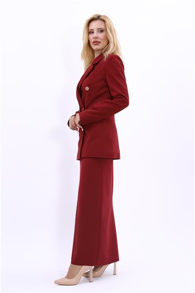 Erkek Yaka Kruvaze Blazer Ceket & Uzun Kalem Etek Kadın Takım Elbise-Bordo