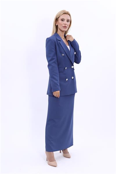Erkek Yaka Kruvaze Blazer Ceket & Uzun Kalem Etek Kadın Takım Elbise-İndigo