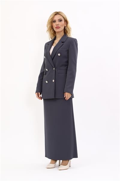 Erkek Yaka Kruvaze Blazer Ceket & Uzun Kalem Etek Kadın Takım Elbise-Füme