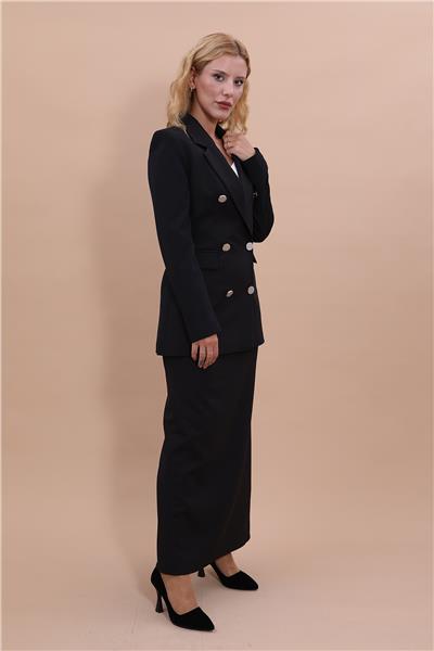 Erkek Yaka Kruvaze Blazer Ceket & Uzun Kalem Etek Kadın Takım Elbise-Siyah