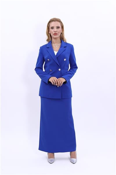 Erkek Yaka Kruvaze Blazer Ceket & Uzun Kalem Etek Kadın Takım Elbise-Saks