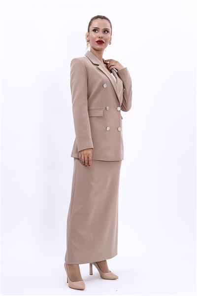 Erkek Yaka Kruvaze Blazer Ceket & Uzun Kalem Etek Kadın Takım Elbise-Taş